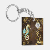 Achtergrond van hout met mechanische zeepaardjes sleutelhanger (Voorkant Links)