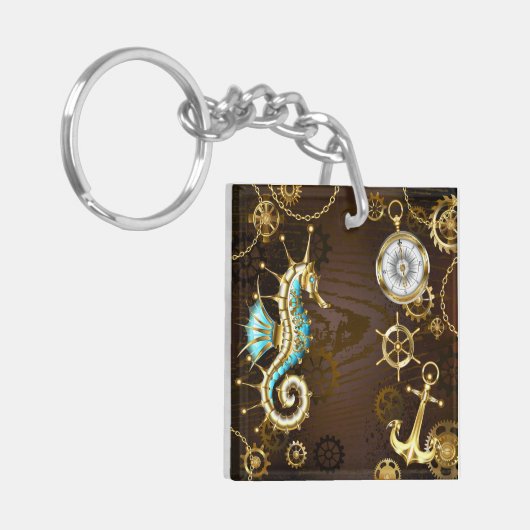 Achtergrond van hout met mechanische zeepaardjes sleutelhanger (Voorkant Links)