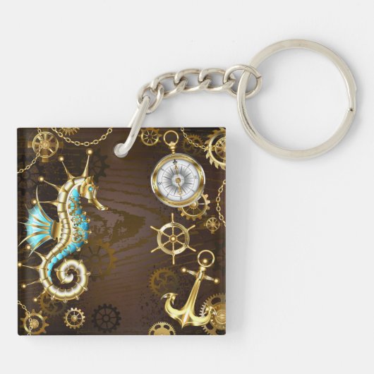 Achtergrond van hout met mechanische zeepaardjes sleutelhanger (Achterkant)