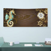 Achtergrond van hout met mechanische zeepaardjes spandoek (Beurs)