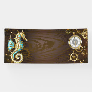Achtergrond van hout met mechanische zeepaardjes spandoek