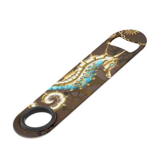 Achtergrond van hout met mechanische zeepaardjes speed flessenopener (Voorkant Gekanteld)