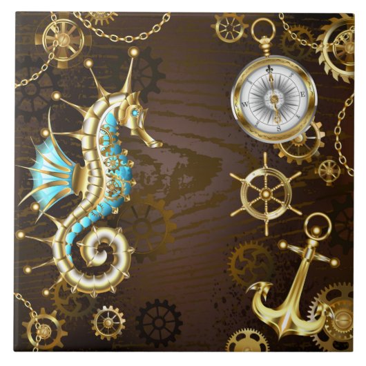 Achtergrond van hout met mechanische zeepaardjes tegeltje (Voorkant)