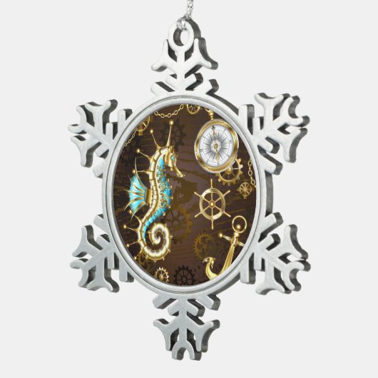 Achtergrond van hout met mechanische zeepaardjes tin sneeuwvlok ornament (Rechts)