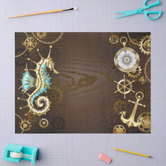 Achtergrond van hout met mechanische zeepaardjes tissuepapier (Craft)