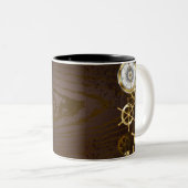 Achtergrond van hout met mechanische zeepaardjes tweekleurige koffiemok (Voorkant rechts)