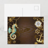 Achtergrond van hout met mechanische zeepaardjes uitnodiging briefkaart (Voorkant / Achterkant)