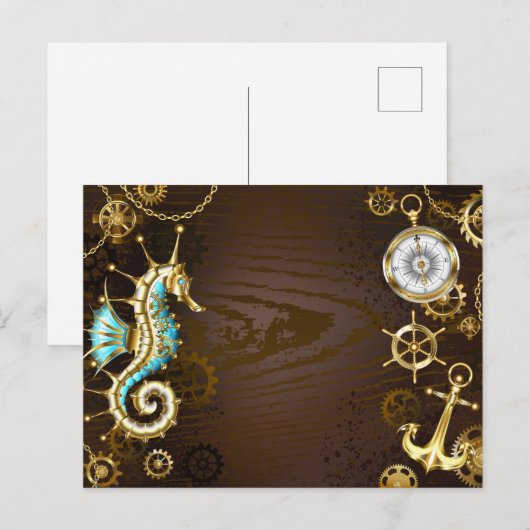 Achtergrond van hout met mechanische zeepaardjes uitnodiging briefkaart (Voorkant / Achterkant)