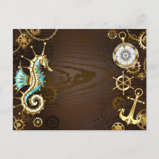 Achtergrond van hout met mechanische zeepaardjes uitnodiging briefkaart (Voorkant)