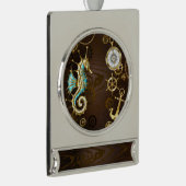 Achtergrond van hout met mechanische zeepaardjes verzilverd banner ornament (Rechts)