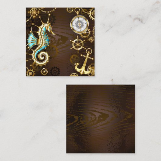 Achtergrond van hout met mechanische zeepaardjes vierkante visitekaartje (Voorkant / Achterkant)
