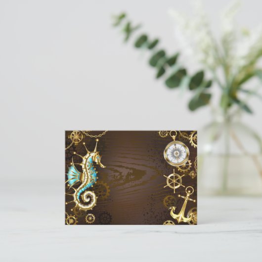 Achtergrond van hout met mechanische zeepaardjes visitekaartje (Staand voorkant)