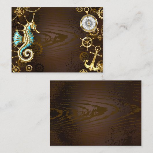 Achtergrond van hout met mechanische zeepaardjes visitekaartje (Voorkant / Achterkant)