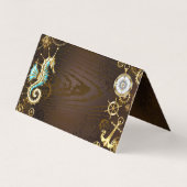 Achtergrond van hout met mechanische zeepaardjes visitekaartje (Achterkant)