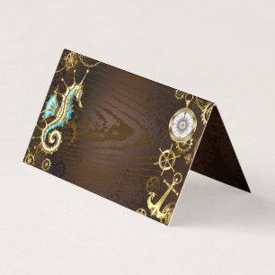 Achtergrond van hout met mechanische zeepaardjes visitekaartje