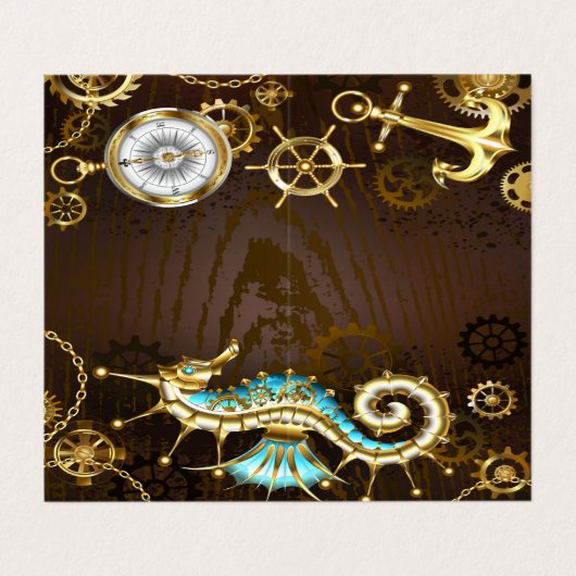 Achtergrond van hout met mechanische zeepaardjes visitekaartje (Buitenkant ongevouwen)