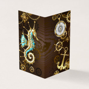 Achtergrond van hout met mechanische zeepaardjes visitekaartje