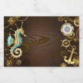 Achtergrond van hout met mechanische zeepaardjes voedselcontainer etiket (Enkel label)