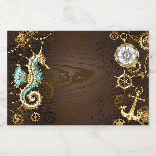 Achtergrond van hout met mechanische zeepaardjes voedselcontainer etiket (Enkel label)