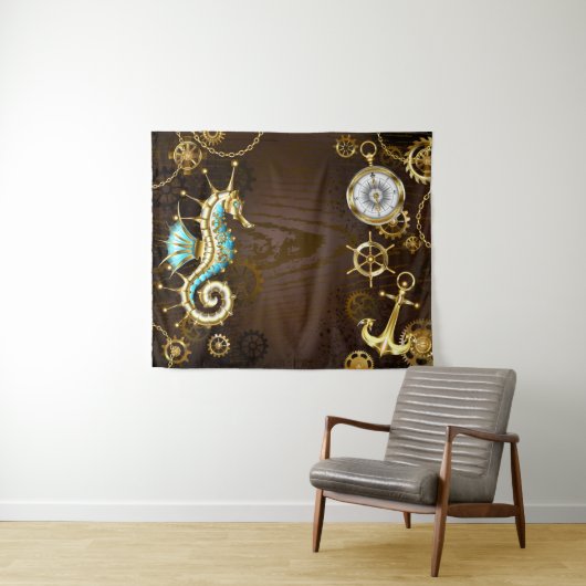 Achtergrond van hout met mechanische zeepaardjes wandkleed (In Situ (horizontaal))