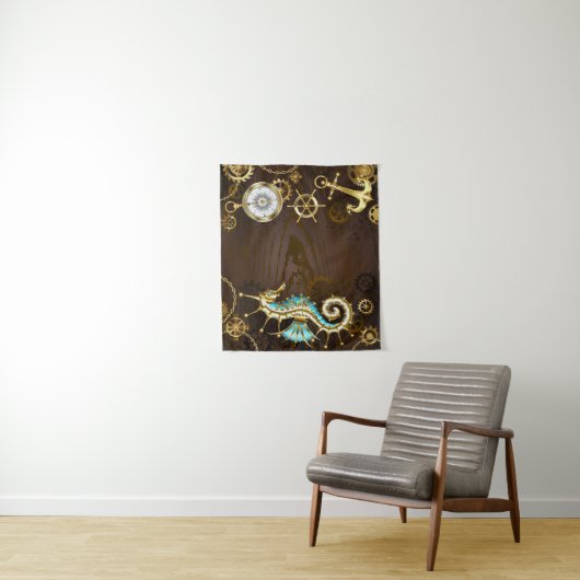 Achtergrond van hout met mechanische zeepaardjes wandkleed (In situ)