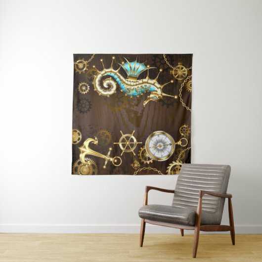 Achtergrond van hout met mechanische zeepaardjes wandkleed (In Situ (horizontaal))