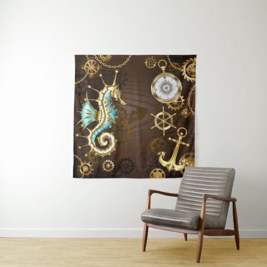 Achtergrond van hout met mechanische zeepaardjes wandkleed (In situ)