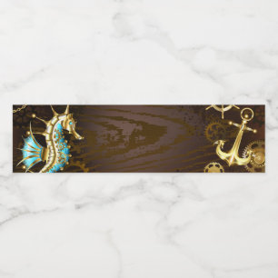 Achtergrond van hout met mechanische zeepaardjes waterfles etiket