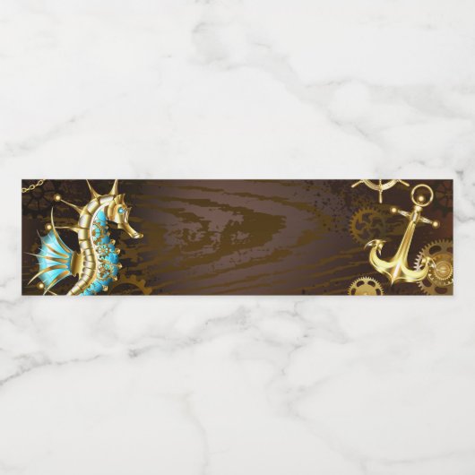 Achtergrond van hout met mechanische zeepaardjes waterfles etiket (Enkel label)