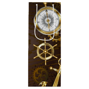 Achtergrond van hout met mechanische zeepaardjes wijn cadeautas