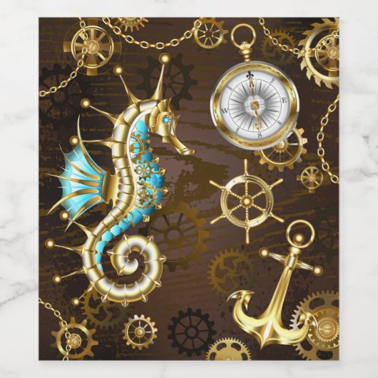 Achtergrond van hout met mechanische zeepaardjes wijn etiket (Enkel label)