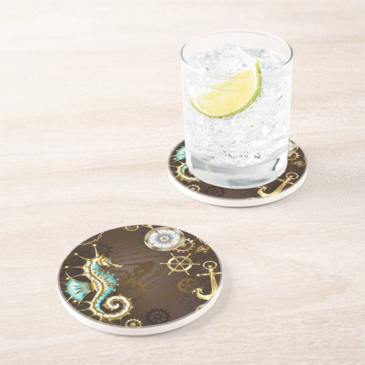 Achtergrond van hout met mechanische zeepaardjes zandsteen onderzetter (Zijkant)