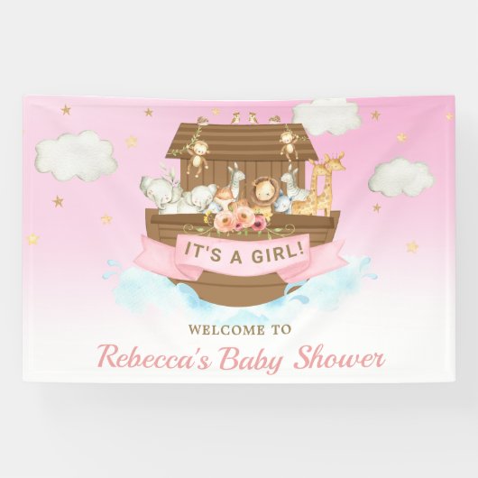 Achtergrond van roze Noah's Ark Baby shower Spandoek (Horizontaal)