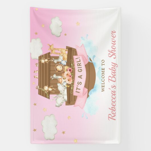 Achtergrond van roze Noah's Ark Baby shower Spandoek (Verticaal)