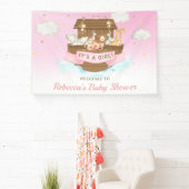 Achtergrond van roze Noah's Ark Baby shower Spandoek (Insitu)