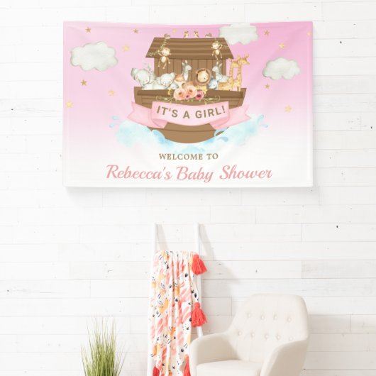 Achtergrond van roze Noah's Ark Baby shower Spandoek (Insitu)