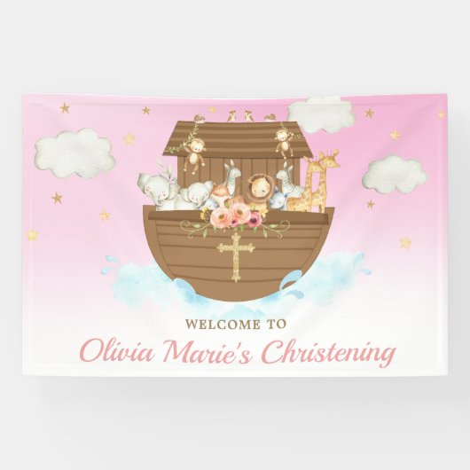 Achtergrond van roze Noah's Ark Christening Spandoek (Horizontaal)