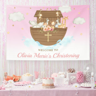 Achtergrond van roze Noah's Ark Christening Spandoek