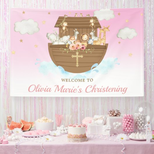 Achtergrond van roze Noah's Ark Christening Spandoek (Feest)