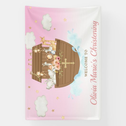 Achtergrond van roze Noah's Ark Christening Spandoek (Verticaal)