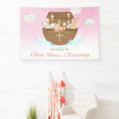 Achtergrond van roze Noah's Ark Christening Spandoek (Insitu)