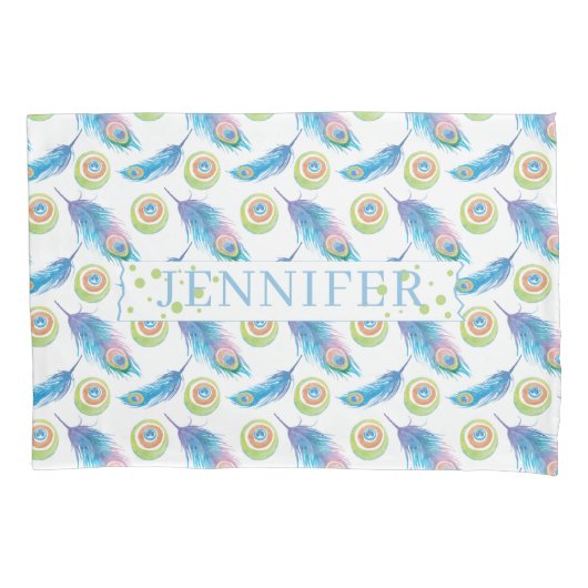 Achtergrond van speciale naam Blue Peacock Feather Kussensloop (Voorkant)