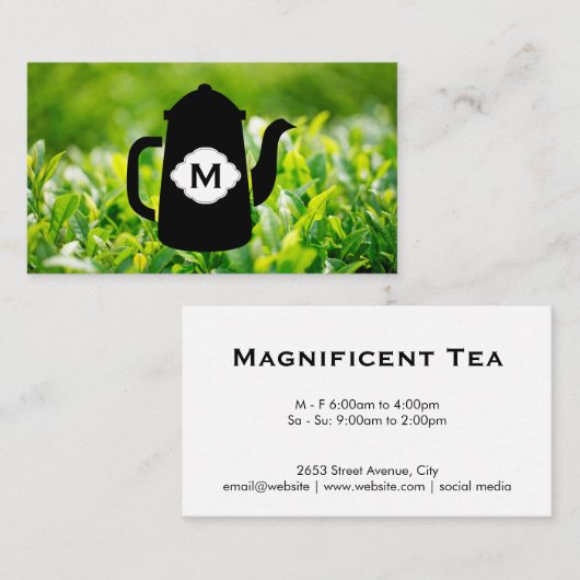 Achtergrond van theepot- en theebladeren visitekaartje (Voorkant / Achterkant)