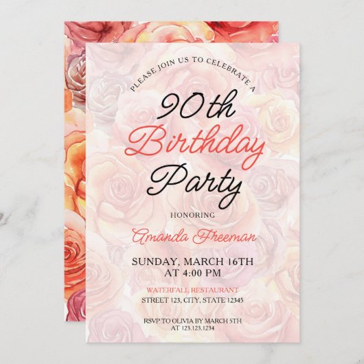 Achtergrond van watercolor perzikrozen 90ste verja kaart (Voorkant / Achterkant)