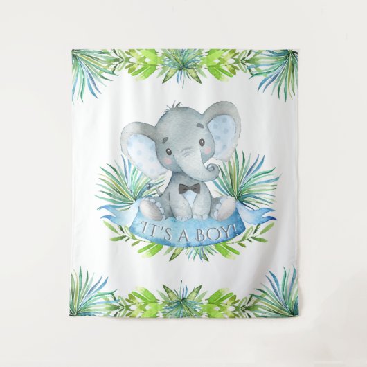 Achtergrond voor babyborrel met olifant jongetje wandkleed (Voorkant)