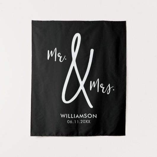 Achtergrond zwart-wit bruiloft Mr. & Mrs Custom Wandkleed (Voorkant)