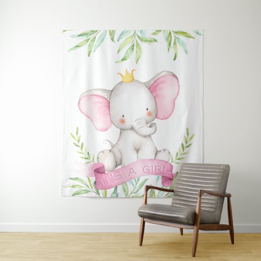 Achtergrondbanner voor olifant meisje baby shower wandkleed (In situ)