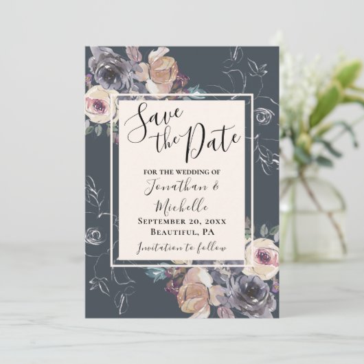 Achtergrondhuwelijk Elegant grijze crème Floral Na Save The Date (Staand voorkant)