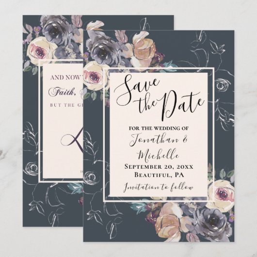 Achtergrondhuwelijk Elegant grijze crème Floral Na Save The Date (Voorkant / Achterkant)