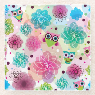 Achtergrondpatroon Cute flower owl Glazen Onderzetter